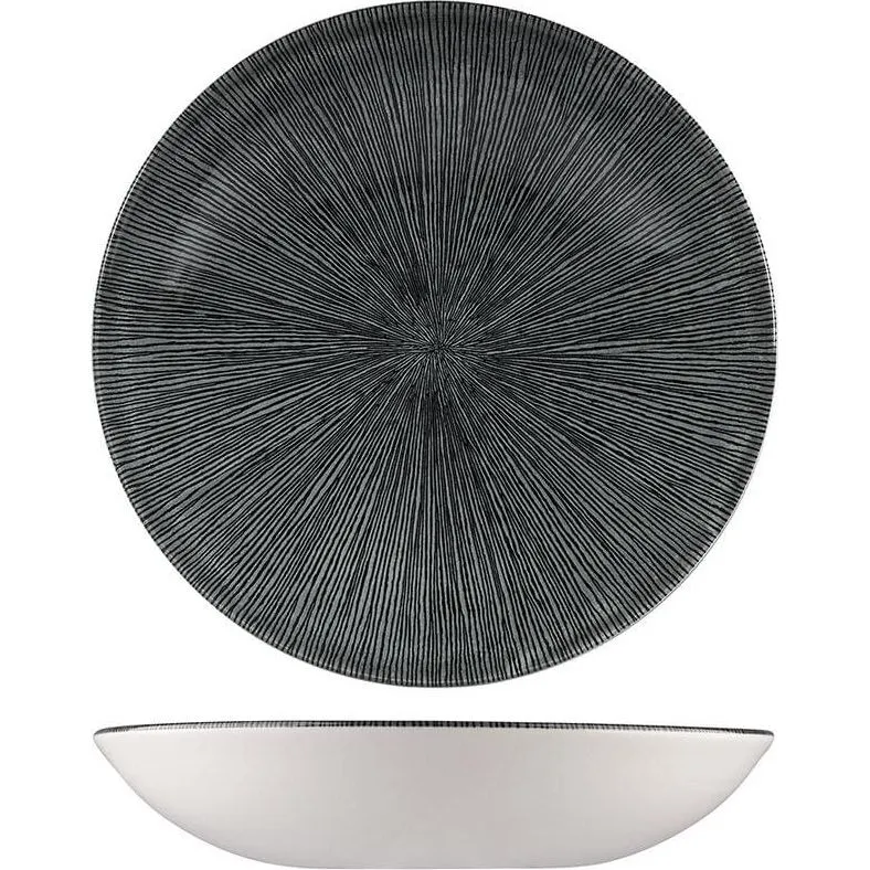 Churchill Round Coupe Bowl composite view showing top-down interior with charcoal glaze and side profile of glossy white exterior