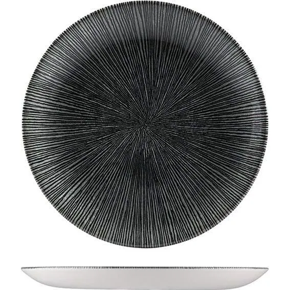 Churchill Round Coupe Plate 165mm shown from top and side angles, featuring a glossy black sunburst pattern and white exterior.