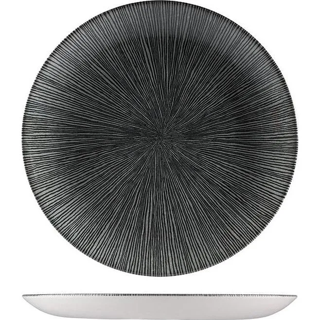 Churchill Round Coupe Plate top and side views showing dark grey radial texture and white exterior