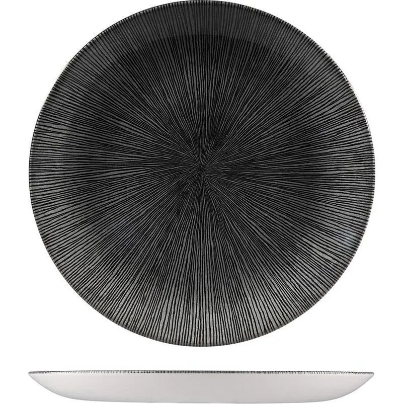 Churchill Round Coupe Plate 260mm shown from top and side angles, featuring a black textured surface with radiating lines and a white exterior.