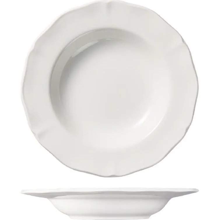 Luzerne Soup Pasta Bowl in glossy white, showing top-down fluted rim and side profile of shallow, broad form