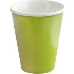 Close-up of the Bevande Latte Cup-200ml - Bamboo, featuring a tapered cylindrical form with a matte lime-green exterior and white interior.