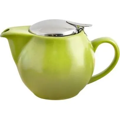 Side profile of the Bevande Teapot 500ml Bamboo, featuring a glossy lime-green ceramic body and a stainless steel lid with a flat tab.