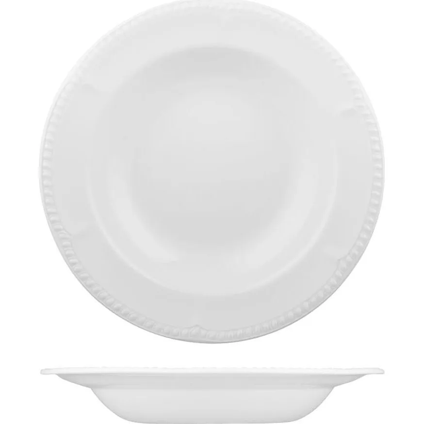 Churchill Round Wide Rim Pasta Plate top-down and side view showing white ceramic with beaded rim texture
