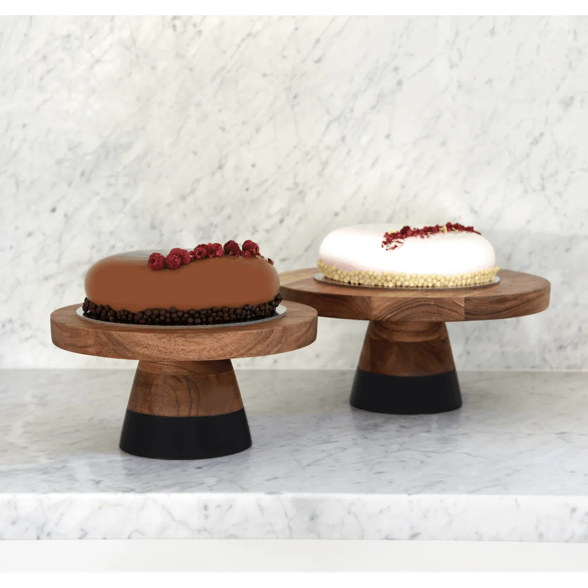 Cake Stand Round Acacia Black Border — 250x140mm