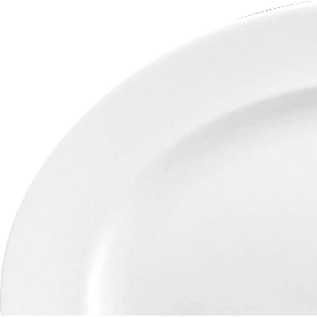 Close-up of the Churchill Oval Wide Rim Plate showing the smooth, glossy white finish and gently curved inner well.