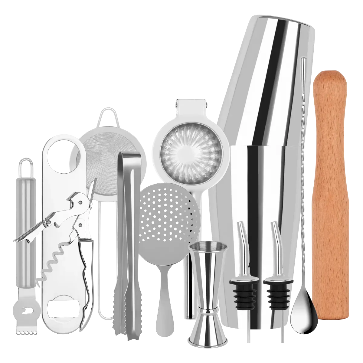 Cocktail Set 14pc Stainless Steel In Bartender Roll