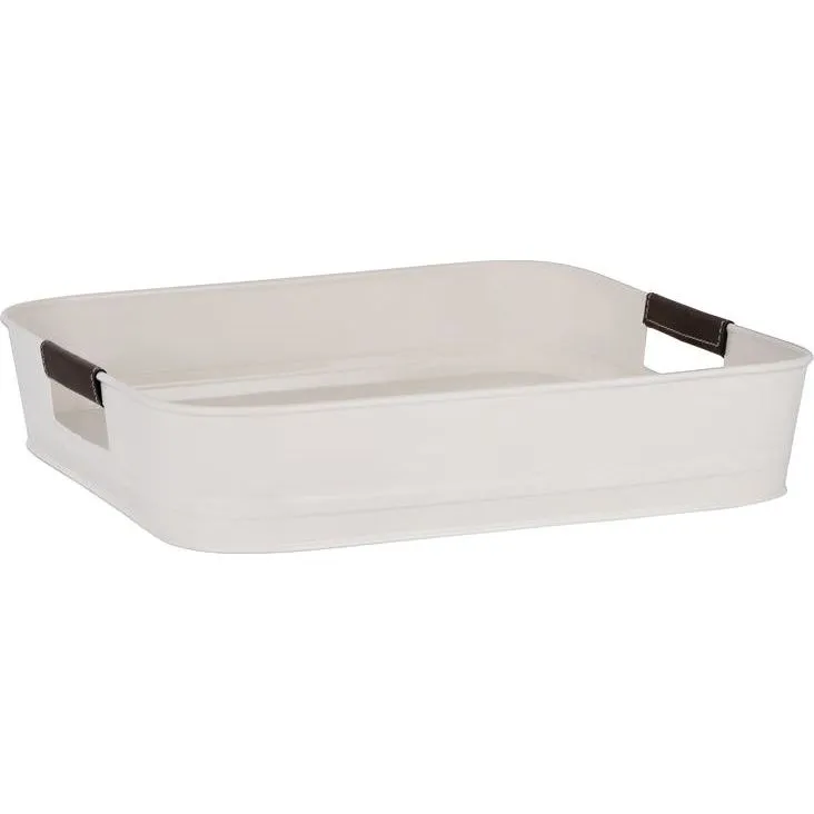 Coney Isl-Galvanised Creme P/C Square Tray Lthr Hdl 365x75mm
