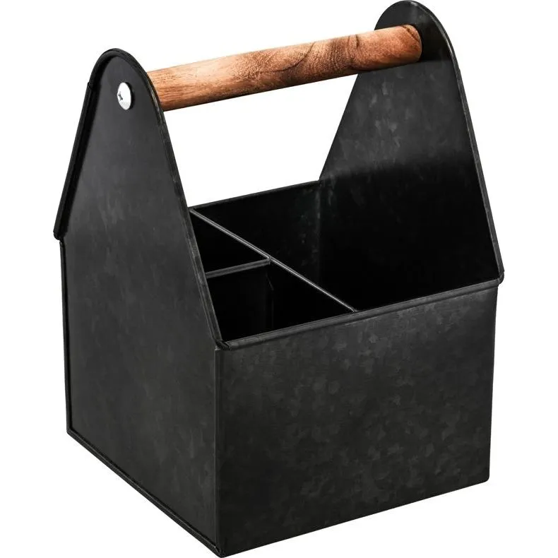Coney Island 3-Compartment Utensil Black Caddy with Wood Handle 170x170x230mm