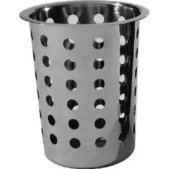 Close-up angled view of the Trenton stainless steel cutlery holder, showing its round cylindrical form, rolled rim, and perforated body.