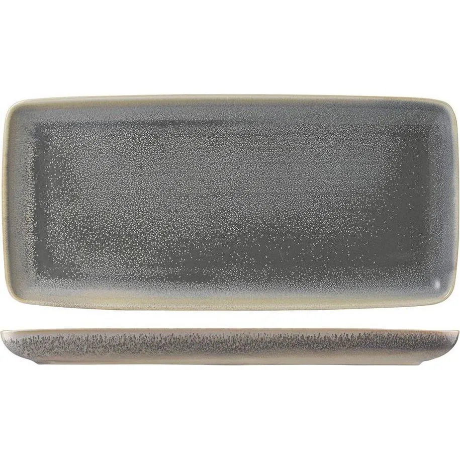 Dudson Chefs' Tray-360x171mm in top-down and side views, showing dark grey speckled glaze and beige rim