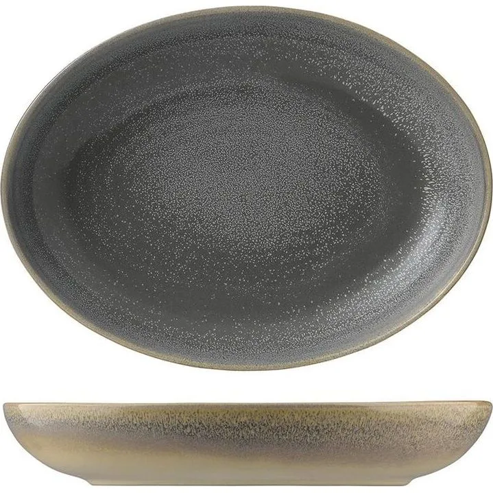 Dudson Oval Bowl Deep in charcoal and beige, showing top-down and side views of the speckled glaze and curved profile.