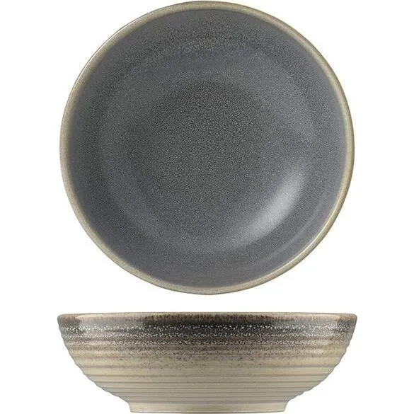 Dudson Round Bowl Harvest Blue in top-down and side views, showing speckled grey-blue interior and banded brown exterior.