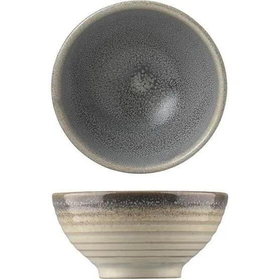 Dudson Round Bowl 105mm 200ml, top and side views showing speckled grey interior and cream ridged exterior