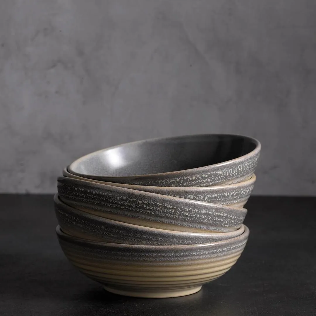 Dudson Round Bowl Harvest Blue, side view of five stacked ceramic bowls with speckled grey glaze and cream base