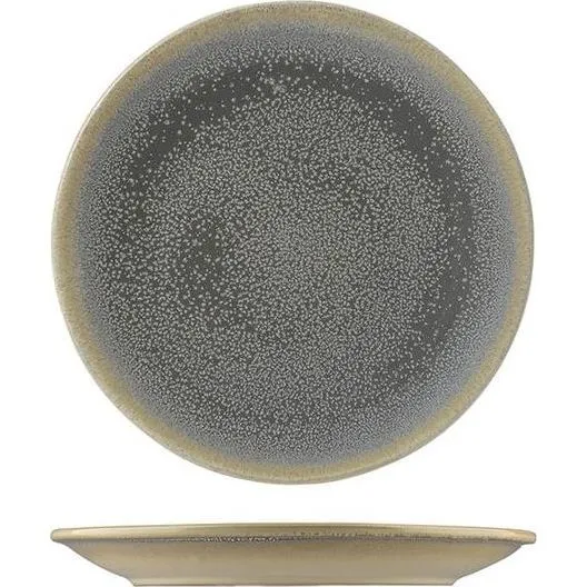 Top-down view of the Dudson Round Coupe Plate-162mm Ø, showing its dark grey speckled glaze and light beige rim.
