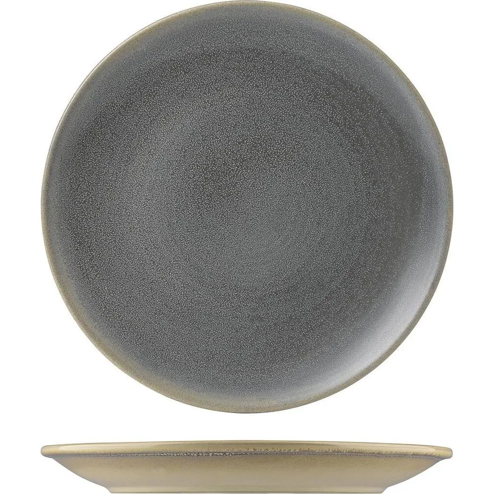 Dudson Round Coupe Plate in speckled dark grey glaze, shown from top-down and side angles revealing its shallow coupe profile and pale beige unglazed base.