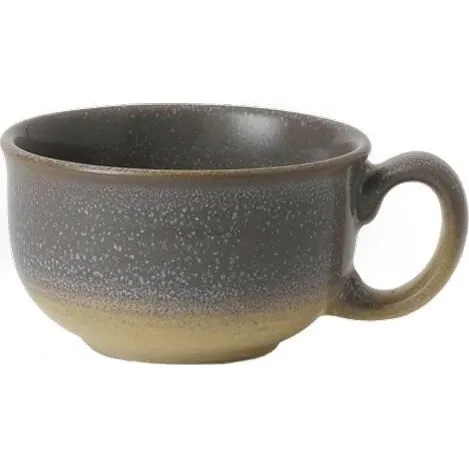 Close-up side view of the Dudson Teacup-230ml, a ceramic cup with a dark speckled grey-brown exterior and a smooth dark brown interior.