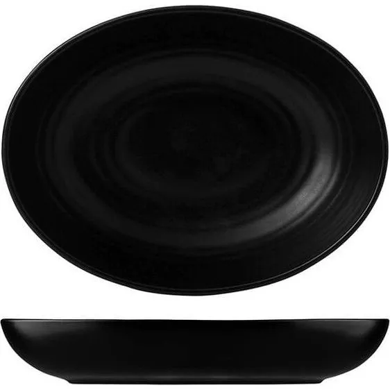 Dudson Oval Bowl Deep in glossy black, shown from top-down and side angles to reveal its deep curved sides and flat base.