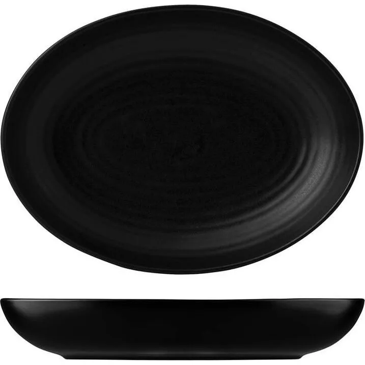 Dudson Oval Bowl Deep in matte black, shown from top-down and side angles revealing its deep curved sides and interior ridges.