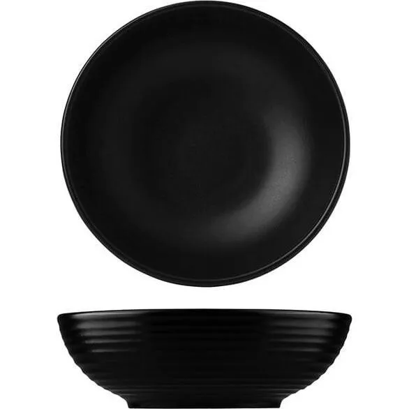 Dudson Round Bowl Harvest Linen in black, shown from top and front angles to reveal the matte interior and ribbed exterior texture.