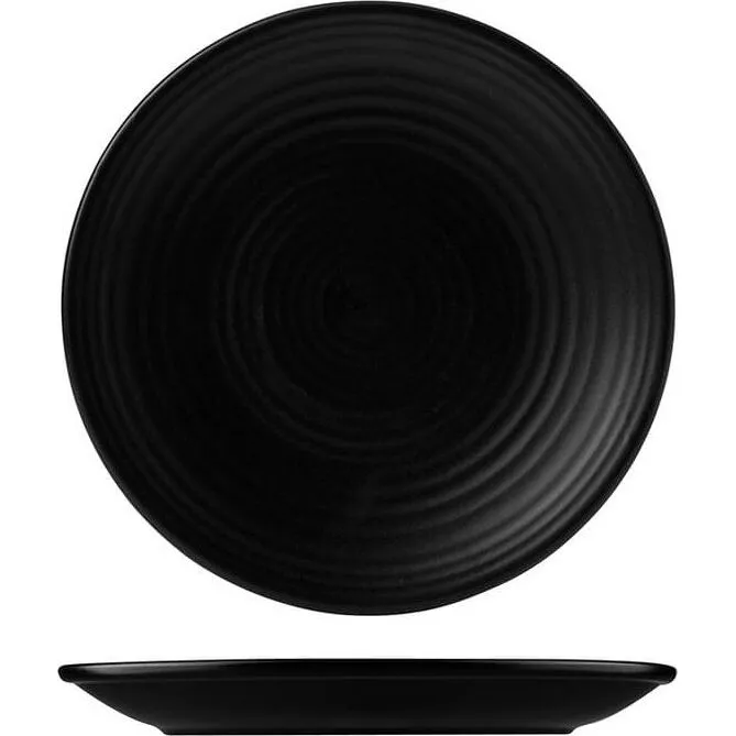 Dudson Round Coupe Plate-205mm in matte black, shown from top-down and side angles to reveal concentric ridges and shallow flared rim.