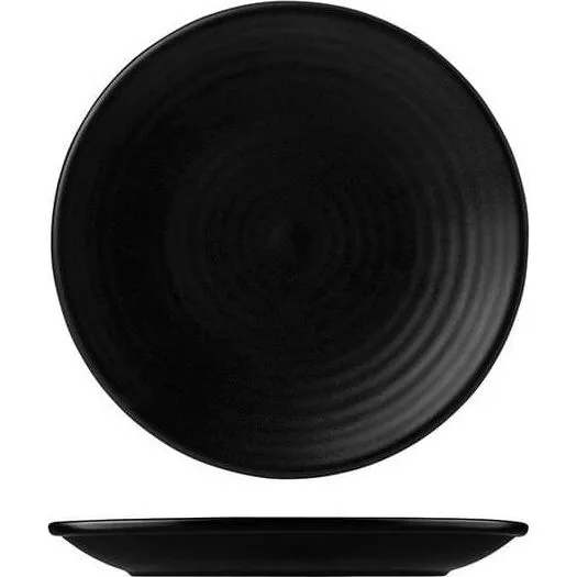 Dudson Round Coupe Plate in matte black, shown from top and side angles to reveal its circular shape and shallow coupe profile.