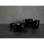 Dudson Saucer-162mm in use with a matching black cup, featuring a matte finish and upturned rim.