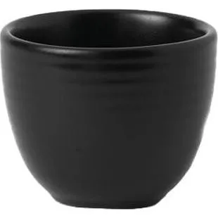 Close-up of the Dudson Taster Cup 70ml, a handle-free rounded bowl with a smooth glossy black glaze and slightly flared rim.