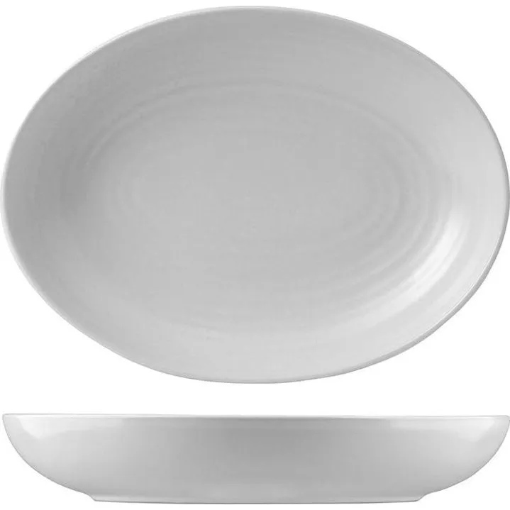 Dudson Oval Bowl Deep in glossy white, shown from top-down and side angles to reveal its deep, curved profile and flat base.
