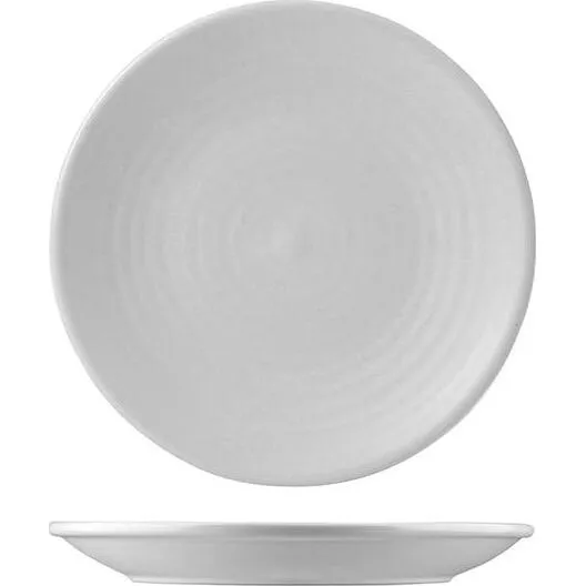 Dudson Round Coupe Plate top-down and side views showing matte white surface with concentric rings and shallow profile