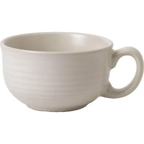 Dudson Teacup-230ml side profile close-up showing matte cream ceramic body with horizontal ribbed texture and rounded handle