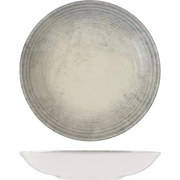 Id Fine Share Bowl Coupe 220mm Fume in top-down and side views, showing speckled grey glaze and curved coupe silhouette.