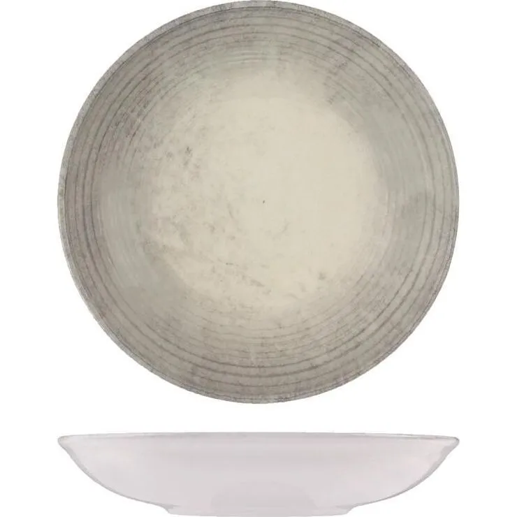 Id Fine Share Bowl Coupe 200mm Fume in top-down and side views, showing mottled grey interior and matte white exterior.
