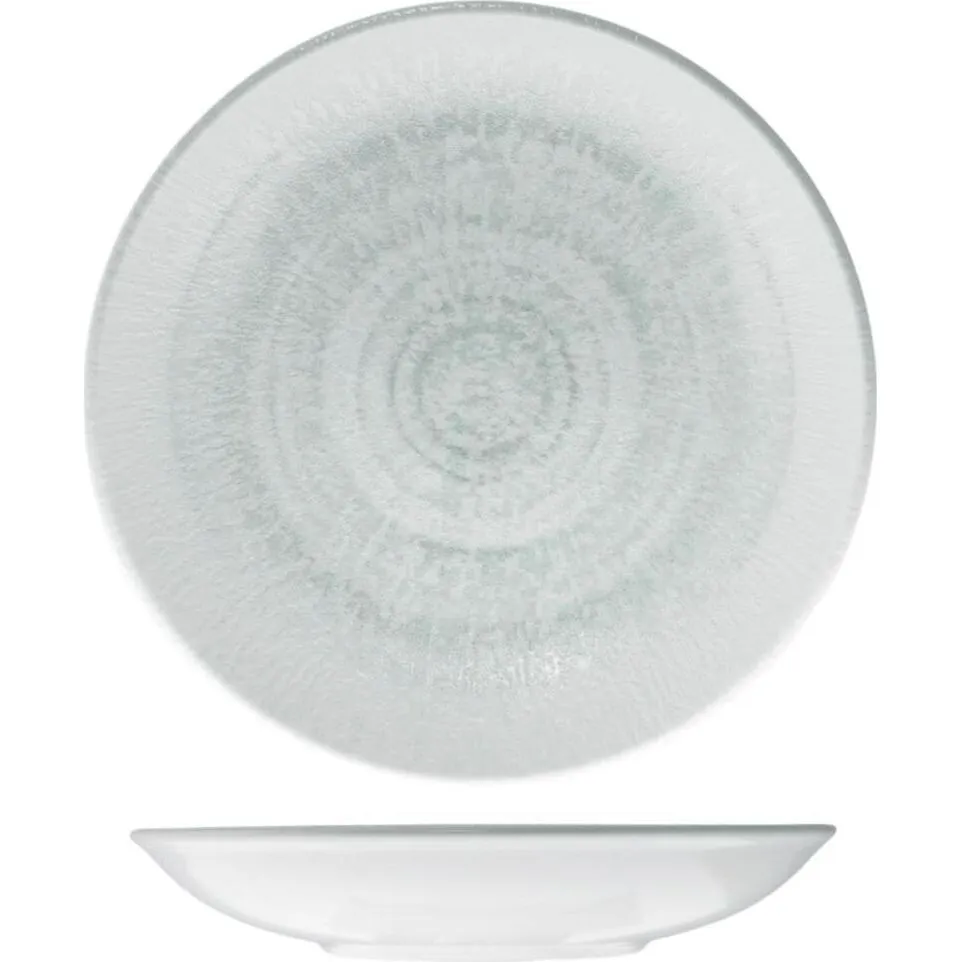 Id Fine Share Bowl Coupe 220mm Glacier, top-down and side views of white ceramic with concentric ripple texture
