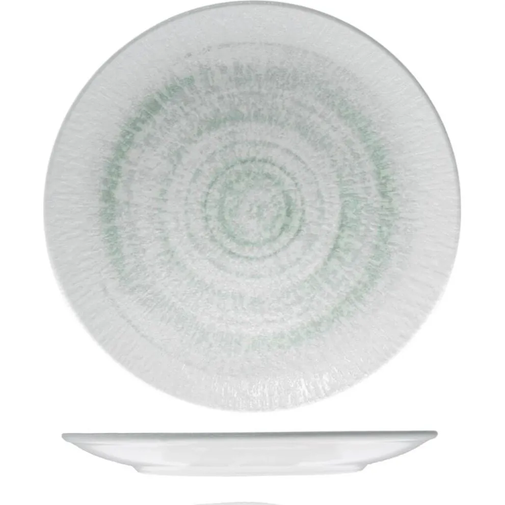 Id Fine Round Coupe Plate in Glacier, top-down and side views showing crackle glaze and shallow rim