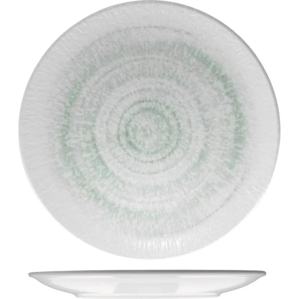 Id Fine Round Coupe Plate 300mm in Glacier, top-down and side views showing white ceramic with pale green crackle glaze