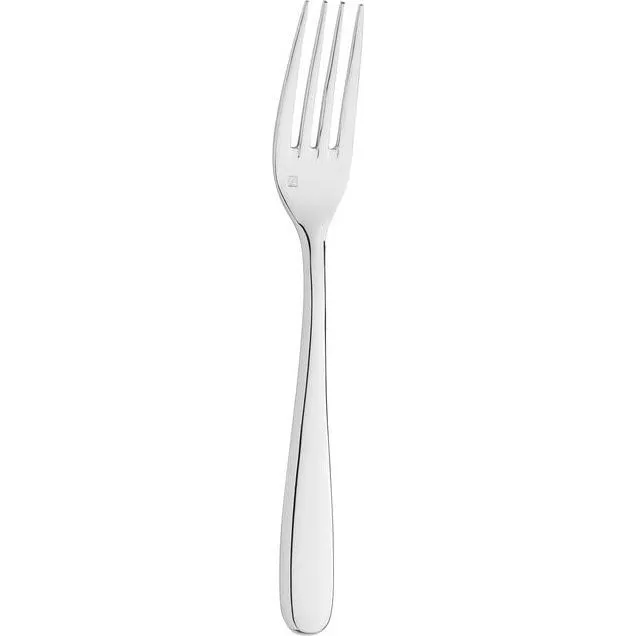 Close-up of the Fortessa Grand City 18/10 stainless steel dessert fork showing four tines and embossed logo