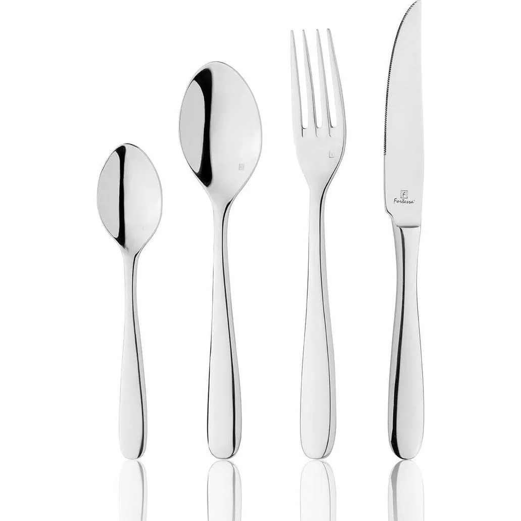 Close-up of the Fortessa Grand City 18/10 stainless steel cutlery set, showing the engraved logo on the handles.