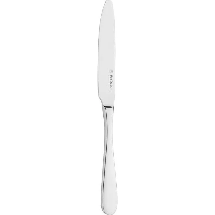Close-up of the Fortessa Grand City Dessert Knife showing its polished stainless steel blade with cursive engraving and solid handle.