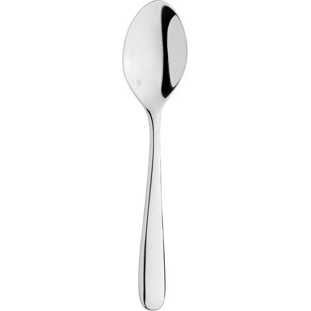 Close-up of the Grand City Dessert Spoon-18/10, a polished stainless steel spoon with an oval bowl and slender curved handle.