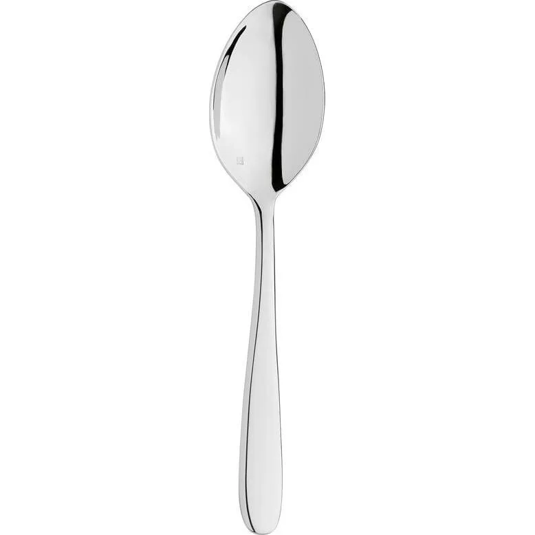 Close-up of the Fortessa Grand City Serving Spoon-18/10, showing the deep oval bowl and curved handle of the polished stainless steel cutlery.
