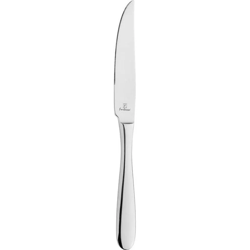 Close-up of the Fortessa Grand City table knife showing its polished stainless steel blade with a serrated edge and solid handle.