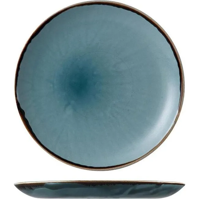 Dudson Round Coupe Plate top-down and side profile views showing mottled blue-grey gl