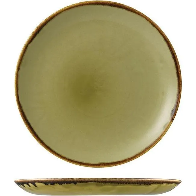 Dudson Round Coupe Plate top-down and side views showing pale olive-green glaze and speckled brown rim