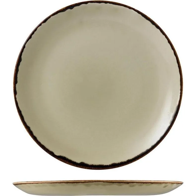 Dudson Round Coupe Plate top-down and side profile views showing cream ceramic surface and dark brown glazed rim