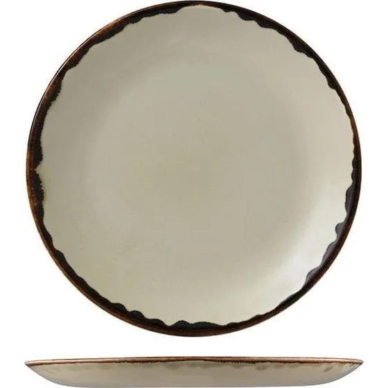 Dudson Round Coupe Plate top-down and side views showing dark brown scalloped rim and cream interior