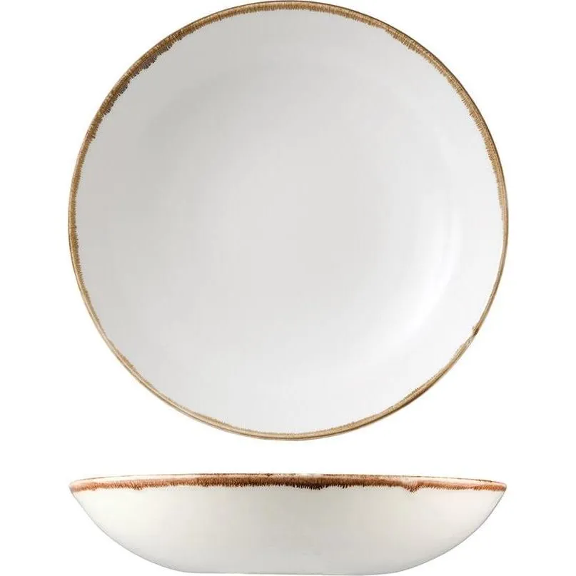Dudson Round Coupe Bowl in white glaze with brown rim, shown from top and side angles