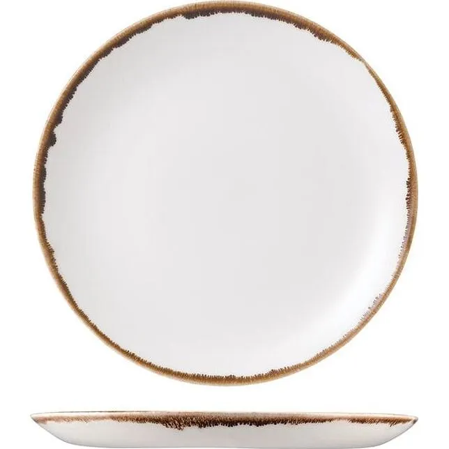 Dudson Round Coupe Plate top-down and side views showing white ceramic interior and textured brown rim