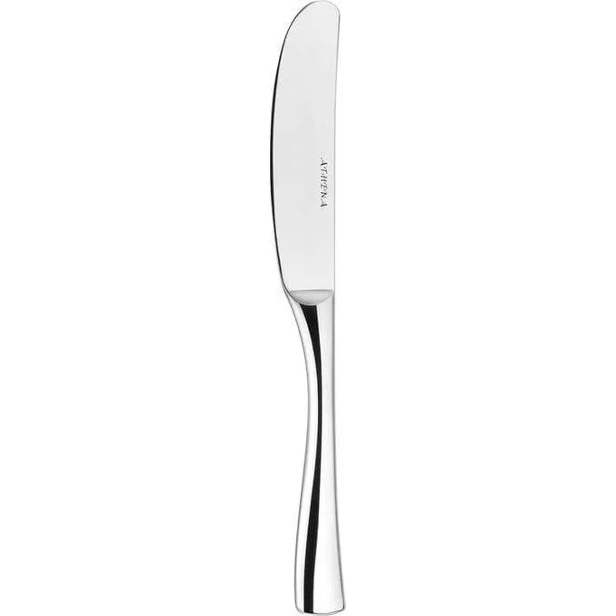 Close-up of the Athena Hugo Butter Knife showing its polished stainless steel blade with vertical engraving and slender solid handle.
